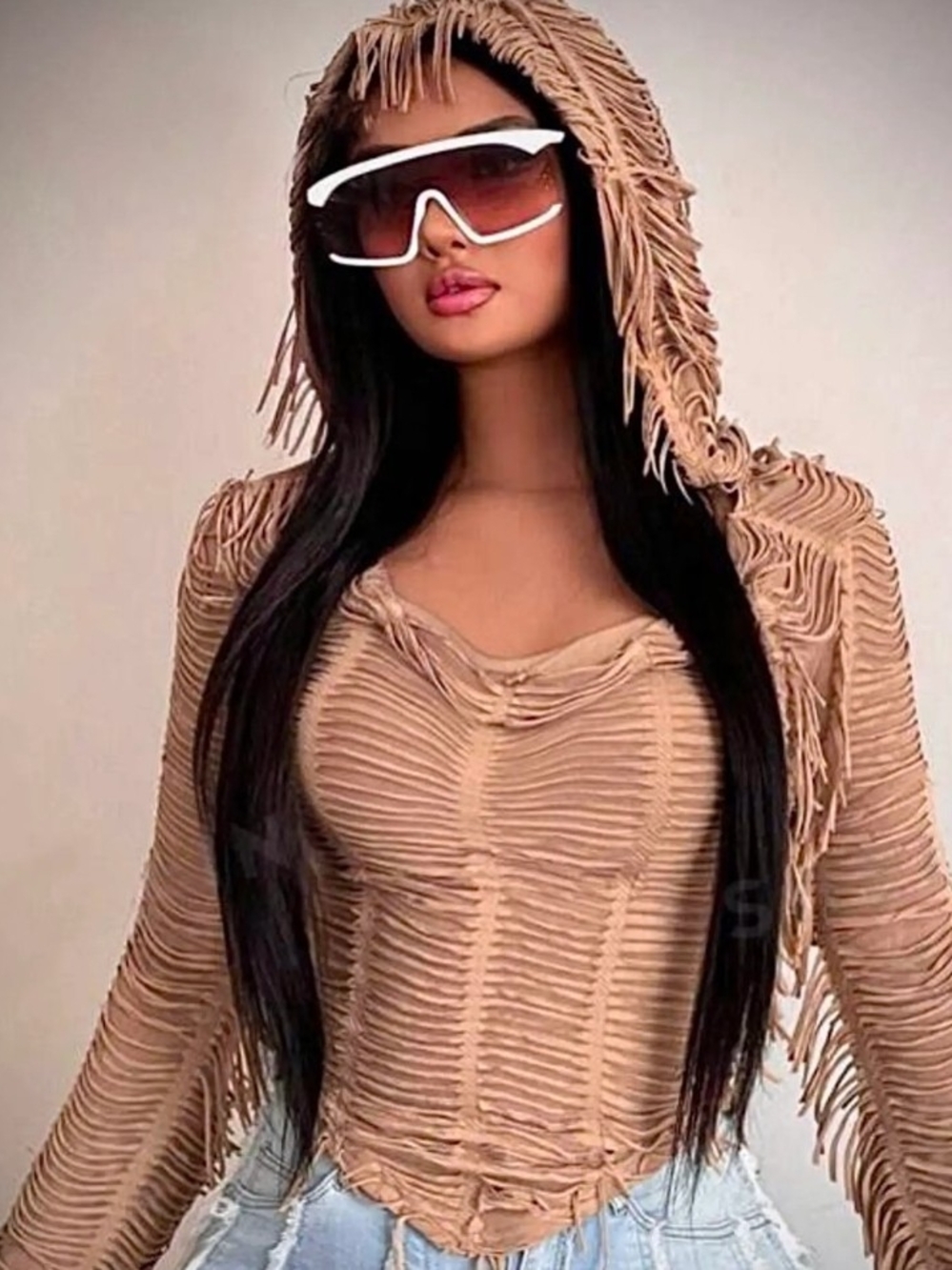 Women's Beige Hooded Fringe Knit Hoodie - Picture 2 of 16